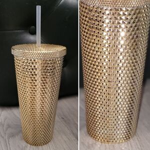 Gold Studded 8" Tall Tumbler Goblet with Removable Lid & Straw, NWOT